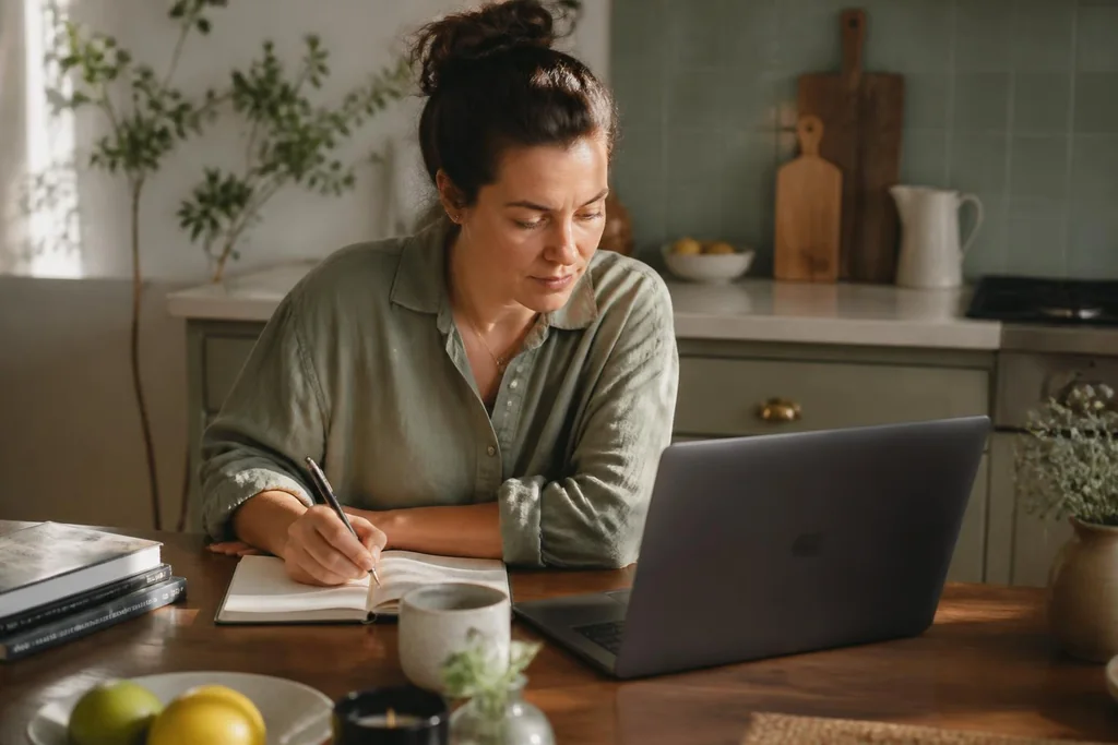 Woman at a sunlit kitchen table researching divorce coaches and divorce support services near her on a laptop