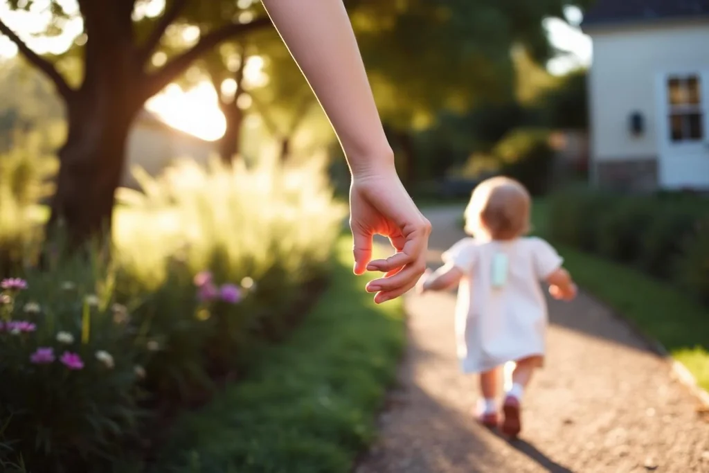 A parent and child walking together on a sunlit path