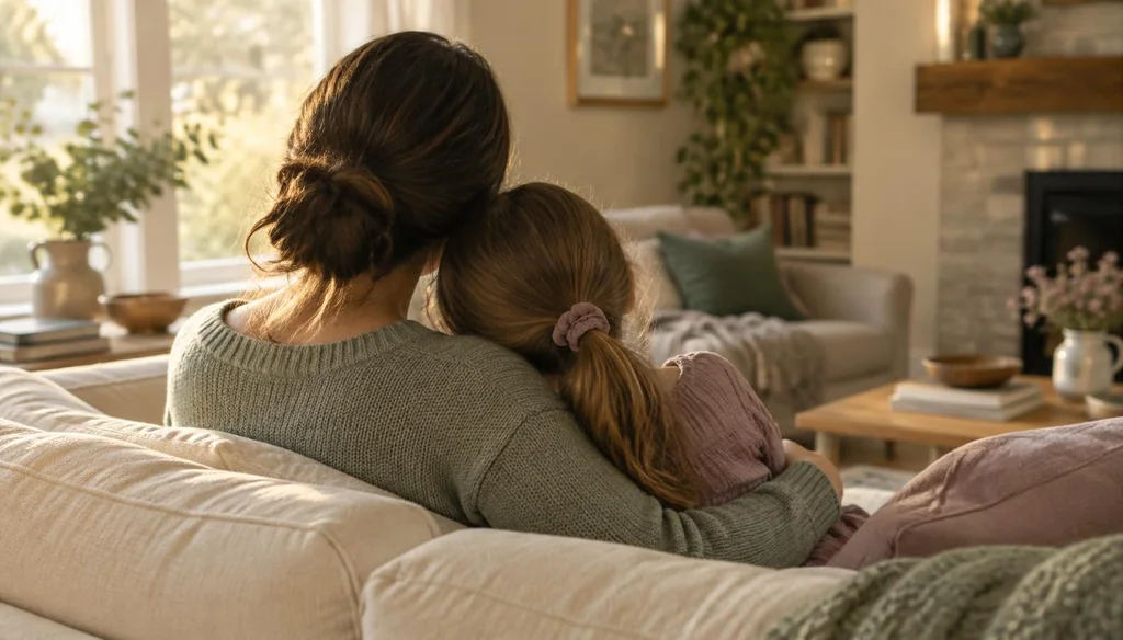 A mother and daughter sitting close together on a sofa, seen from behind in warm afternoon light