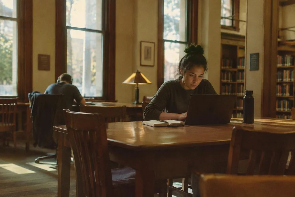 A woman researching free Minnesota divorce resources on a laptop at a library table