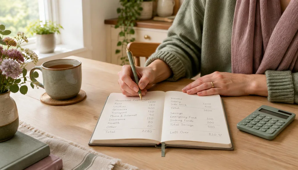 A woman writing a household budget in a notebook beside a calculator and a cup of tea