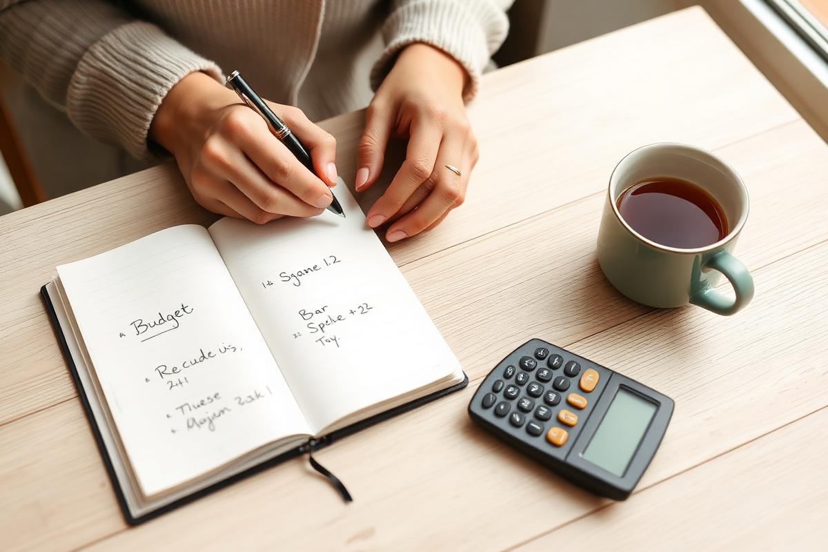 A woman writing out a divorce budget in a notebook beside a calculator and cup of tea, weighing the cost of a divorce coach