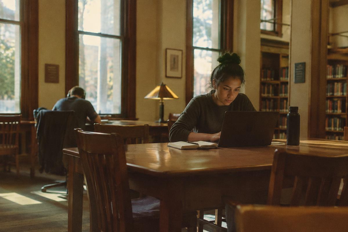 A woman researching free Minnesota divorce resources on a laptop at a library table