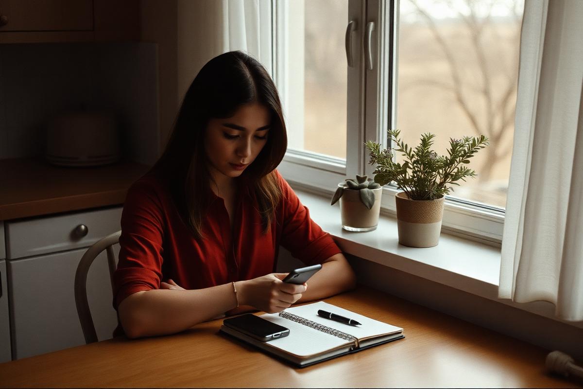 Woman sitting calmly at a kitchen table with her phone face down, writing notes during a high-conflict divorce