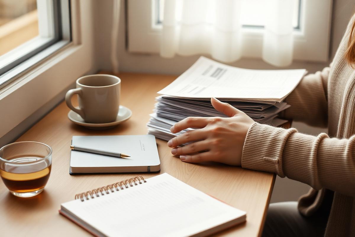 Woman organizing financial documents and a notebook at a sunlit desk while preparing for divorce
