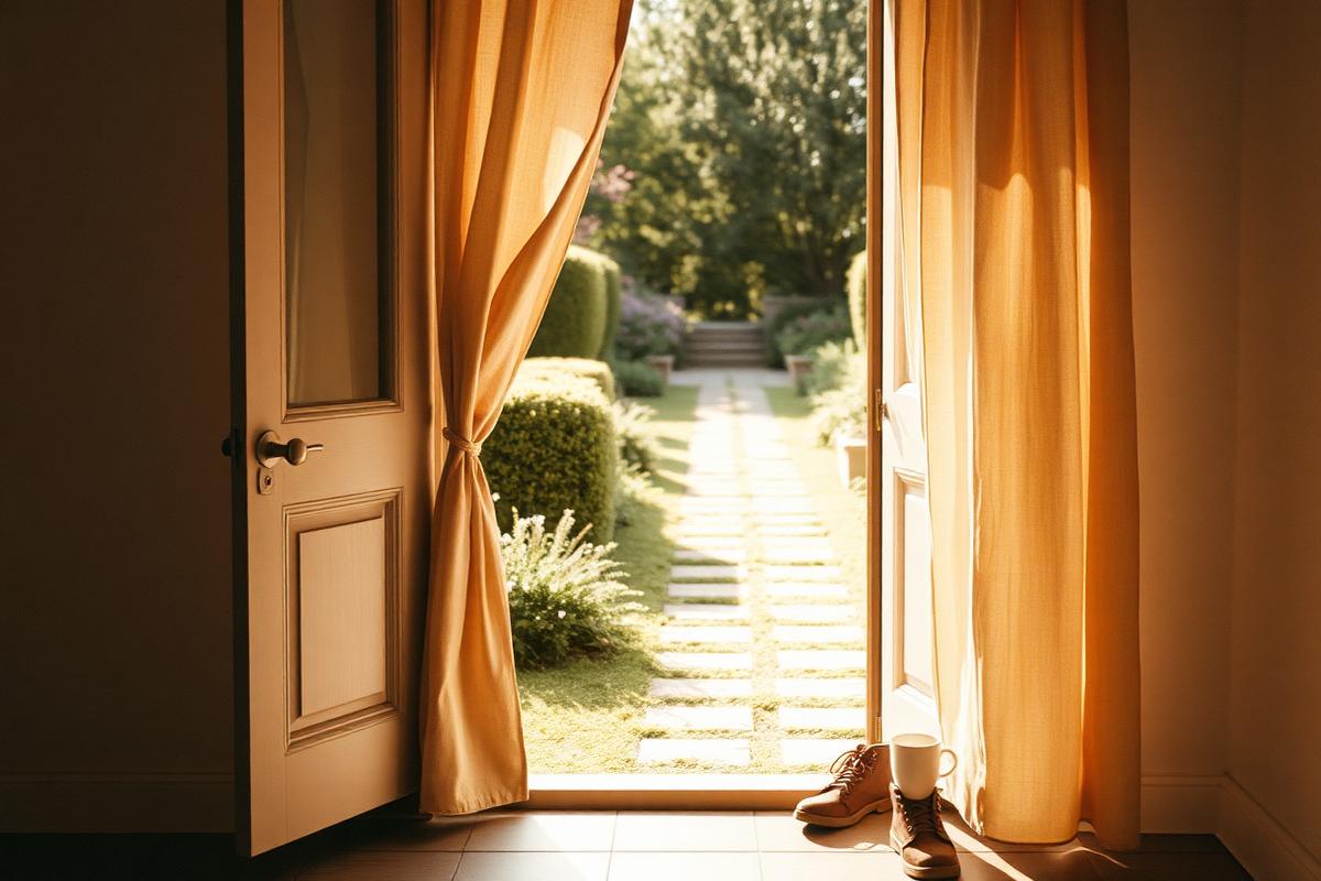 Sunlit open doorway onto a garden path with walking shoes and a mug, symbolizing divorce recovery and rebuilding