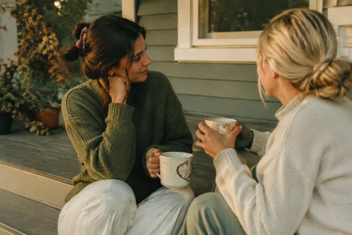 Two friends sitting on porch steps with mugs, one listening as the other talks
