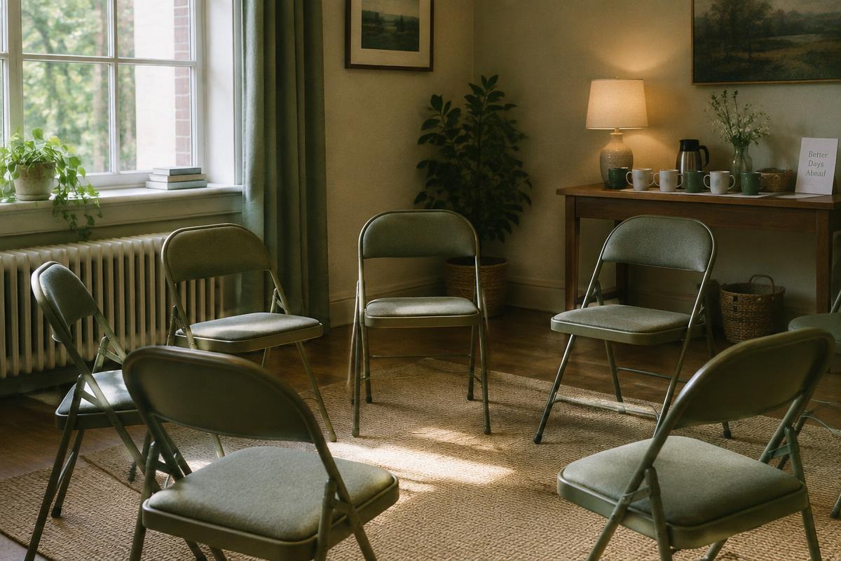 A circle of empty chairs in a warm community room set up for a divorce support group